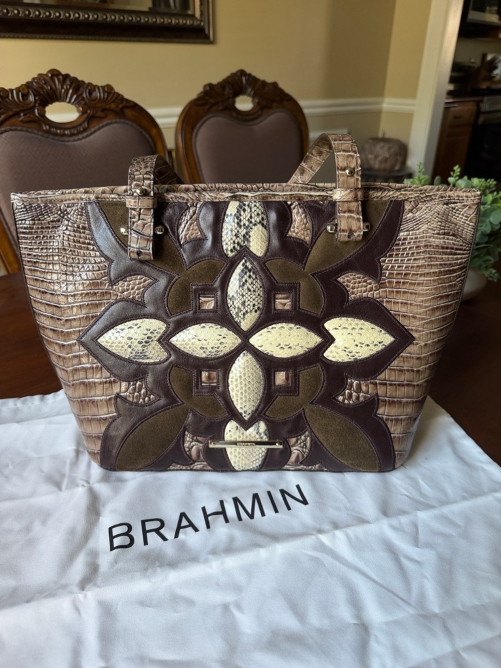 Brahmin Asher Brown Croc-Embossed Floral Tote